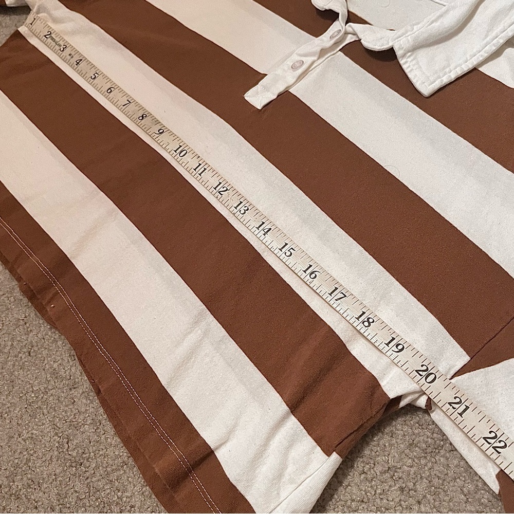 Brown Striped Polo Collar Long Sleeve Cropped Casual Tee - Picture 6 of 7